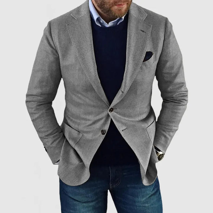 Men's beige smart two-button blazer. Stylish & comfortable tailored blazer for casual events or business casual wear.