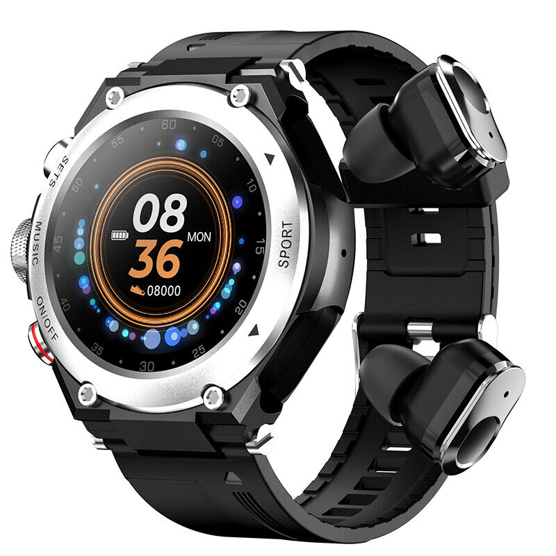 Men's smartwatch with integrated wireless earbuds, sleek black design, worn on a wrist.