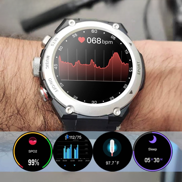 Close-up of discreet wireless earbuds seamlessly stored inside a men's smart wrist watch.
