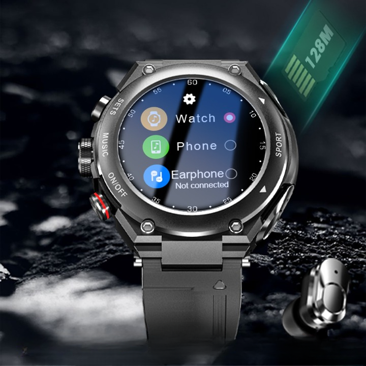 Men's fitness watch tracking health metrics, featuring convenient built-in wireless earbuds for workouts.