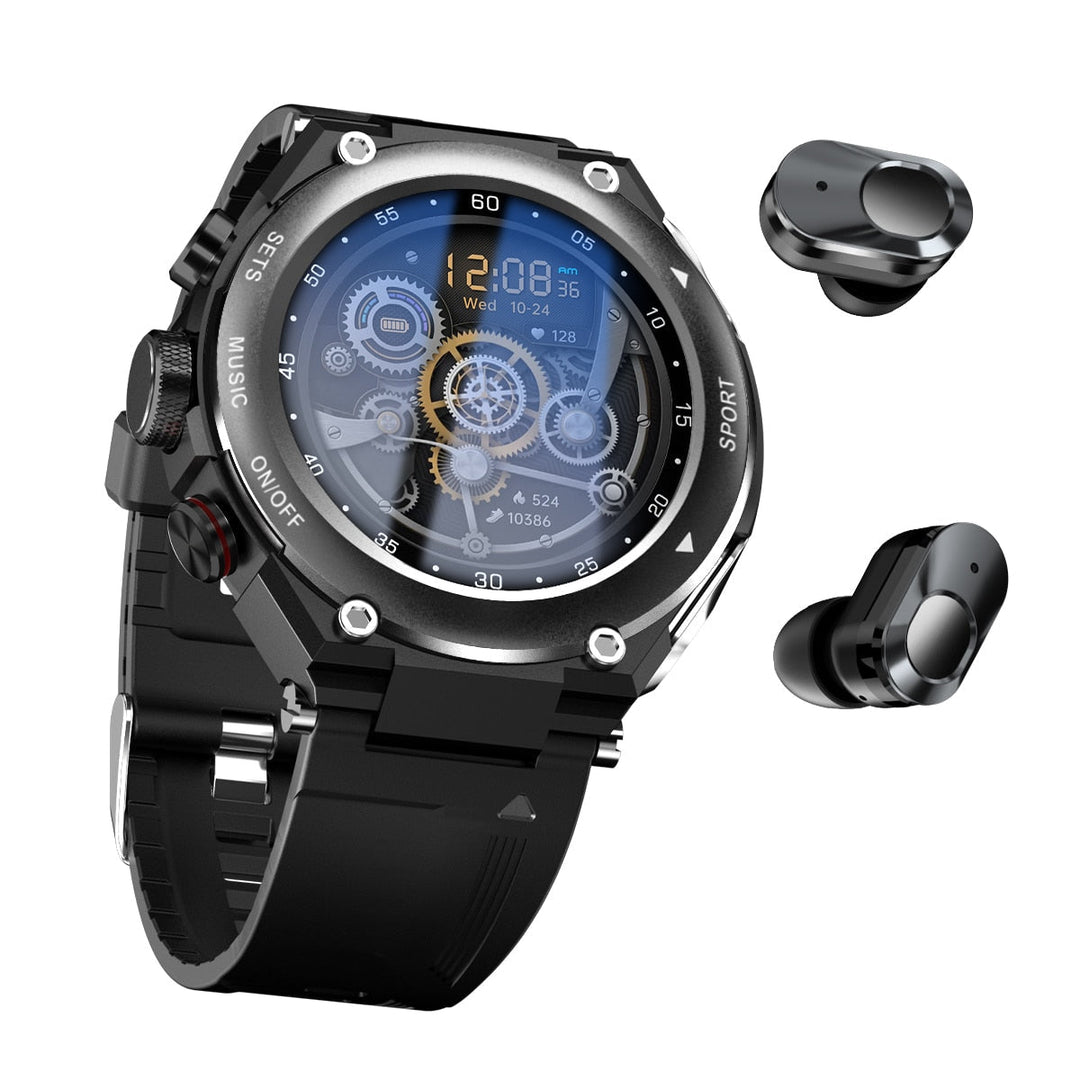 Stylish men's wearable tech: a smart device on wrist, with user accessing the hidden wireless earbuds.