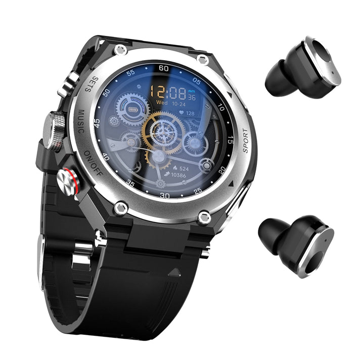 Activity tracker smartwatch for men, showing fitness data on screen, with its pop-out wireless earbuds.