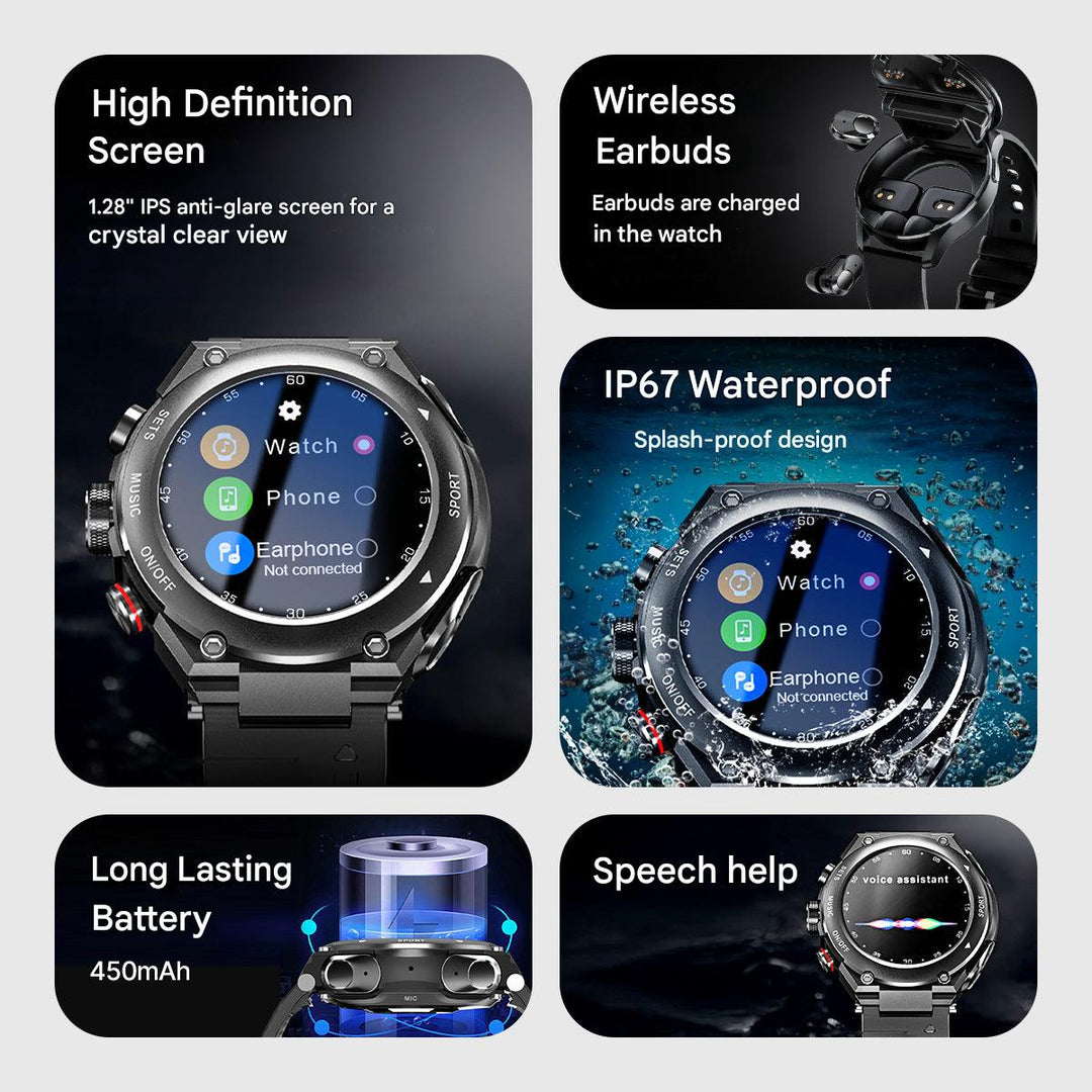 Innovative men's smart device: a wrist watch with a hidden compartment for wireless earbuds and charging.