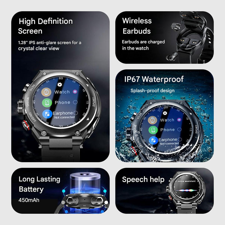 Innovative men's smart device: a wrist watch with a hidden compartment for wireless earbuds and charging.