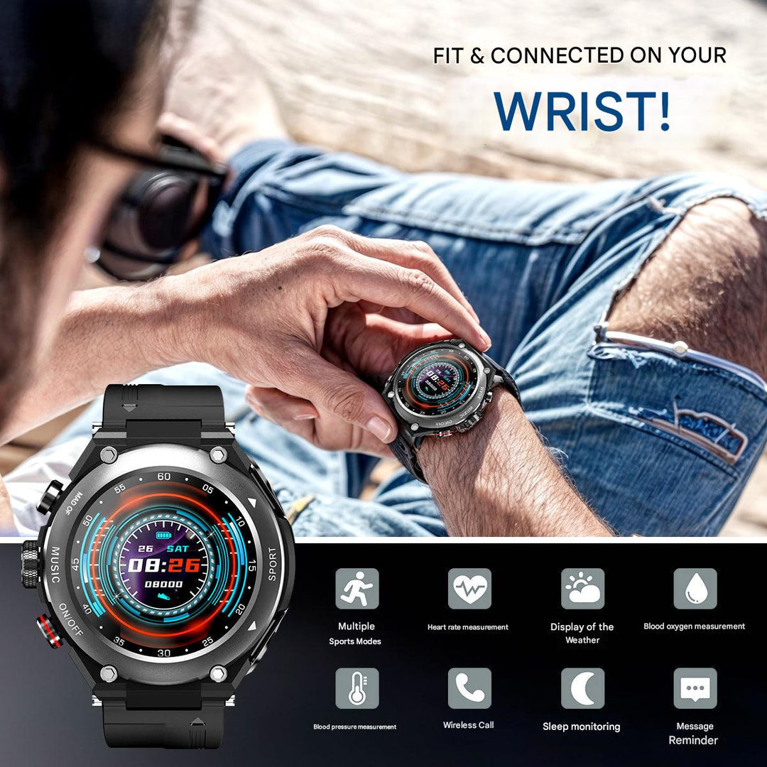 Modern men's smartwatch, health tracker, and integrated wireless earbuds for a connected, active lifestyle.