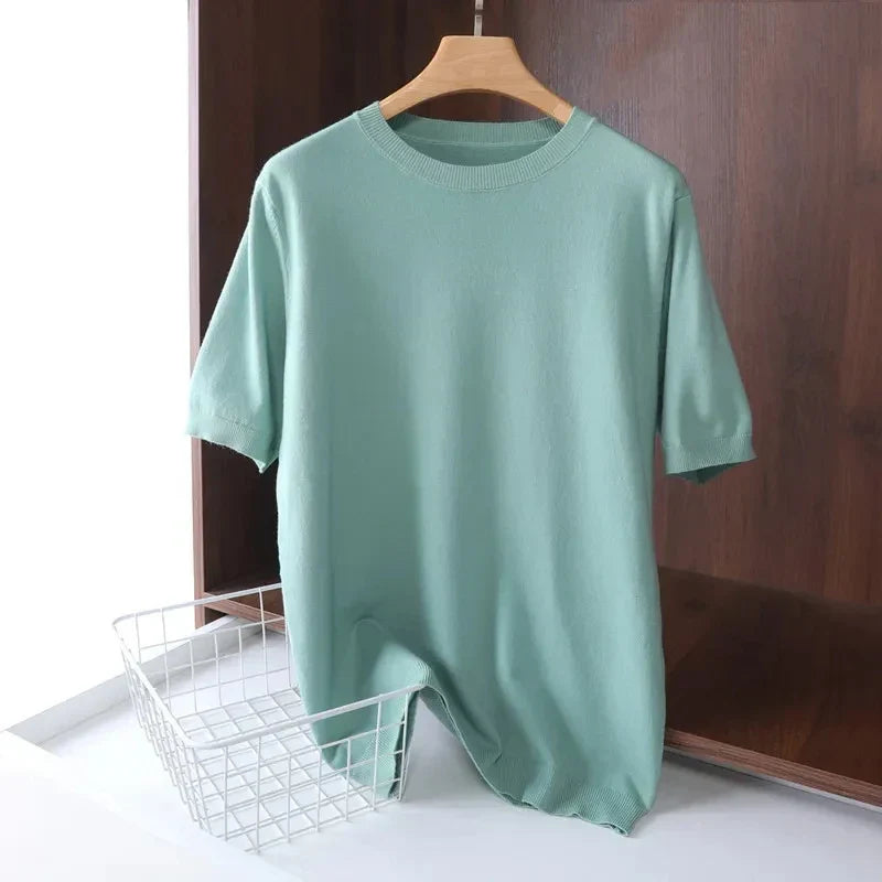 Men's short-sleeve comfort tee neckline detail, showing the quality and everyday softness.