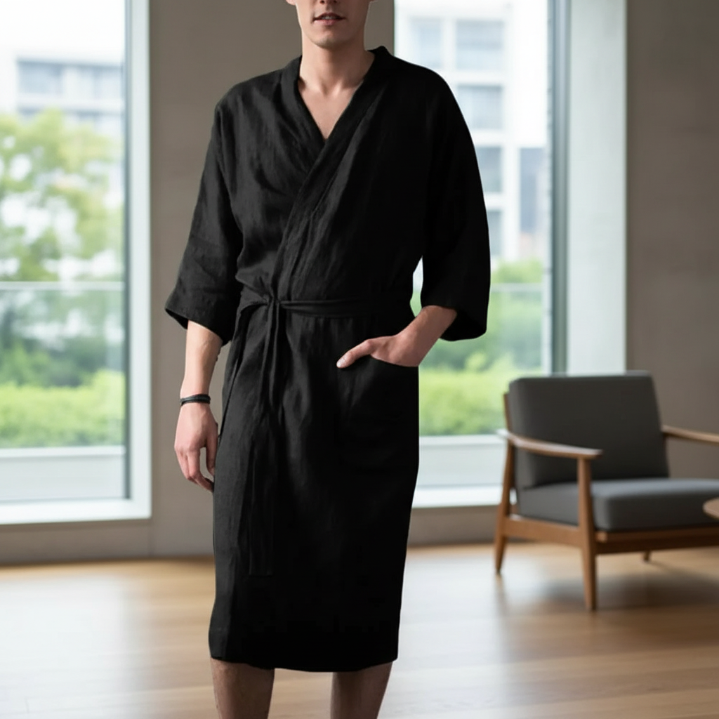 Men's soft cotton absorbent bathrobe in a luxurious loungewear style for ultimate comfort.