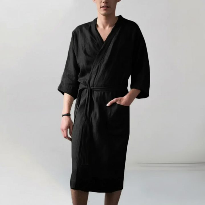 Comfortable men's cotton spa robe with a v-neck and adjustable tie, perfect for home wear.