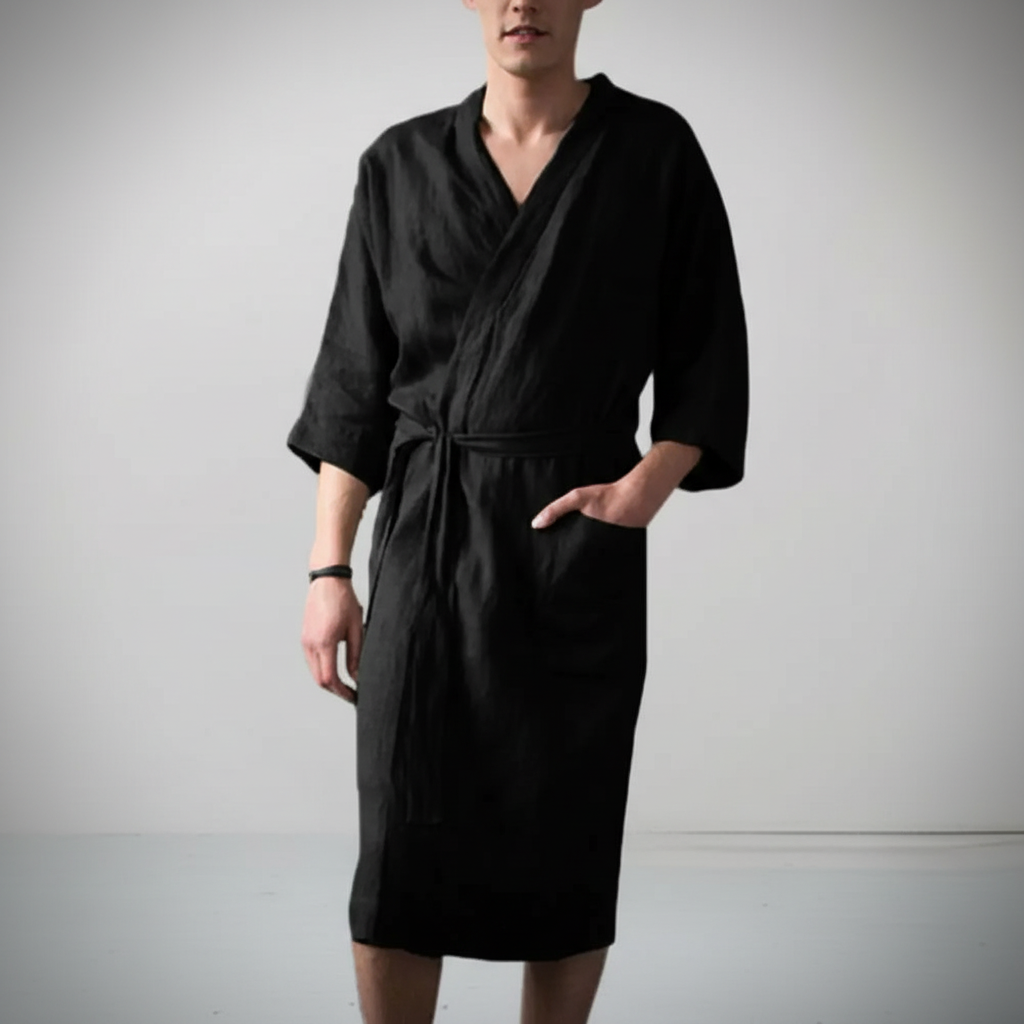 Luxurious soft cotton men's loungewear bathrobe with an adjustable tie, ideal for relaxation.
