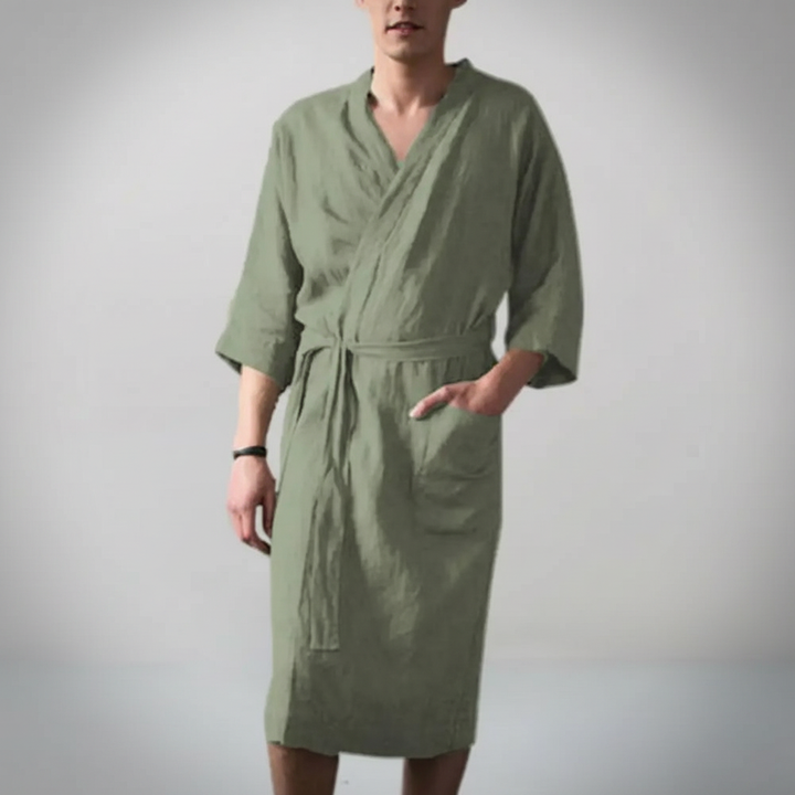 Soft cotton men's bathrobe, a comfortable and absorbent spa robe with an adjustable tie for home.