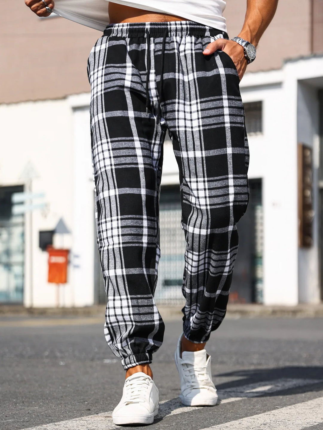 Soft cotton plaid jogger pants for men, comfortable casual loungewear style.