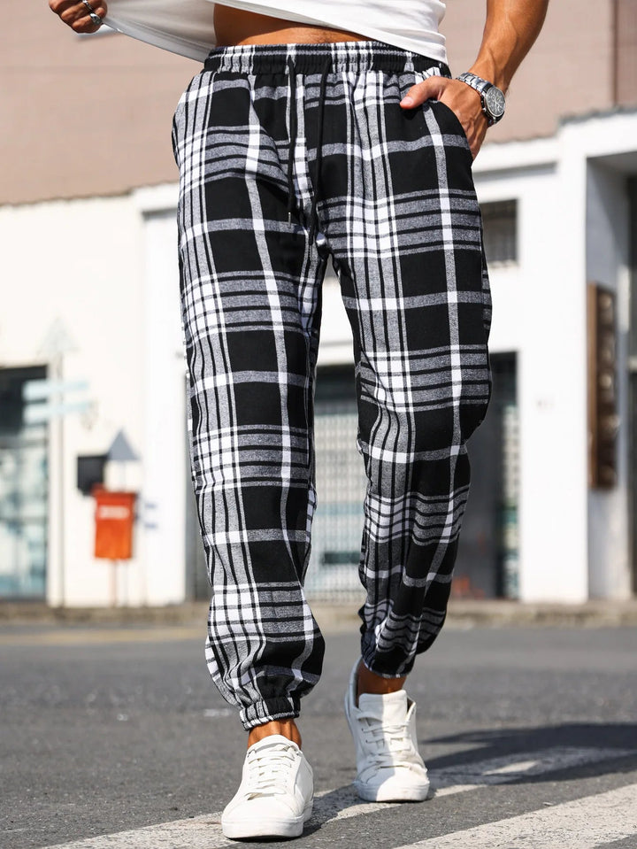 Soft cotton plaid jogger pants for men, comfortable casual loungewear style.
