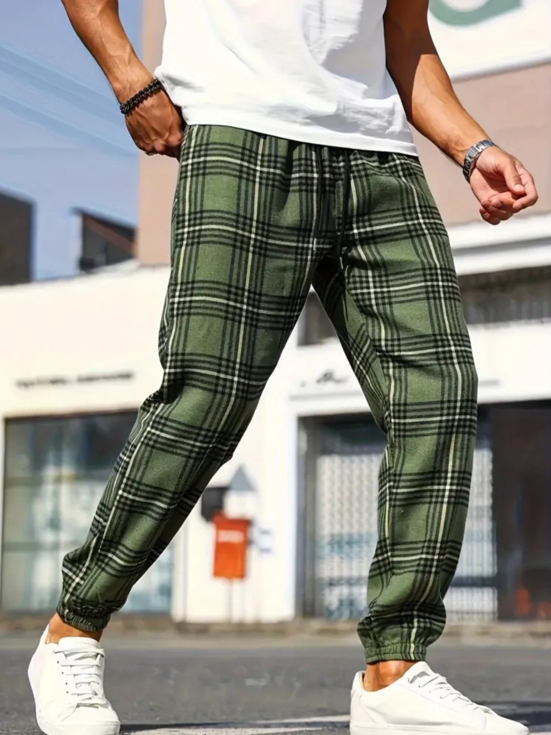 Cozy cotton blend plaid joggers for men, perfect loungewear.
