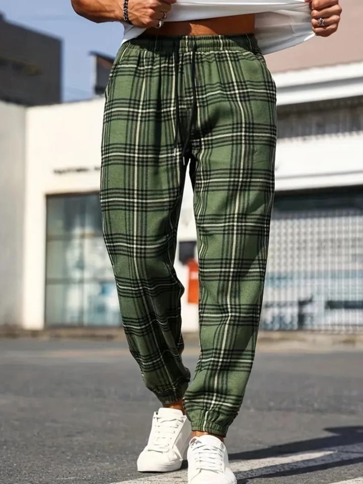 Flannel-style plaid jogger pants for men, soft cotton comfort loungewear.