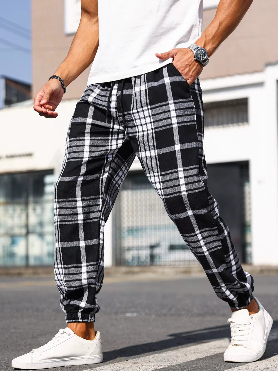 Classic plaid pattern men's joggers, soft cotton blend for ultimate comfort.