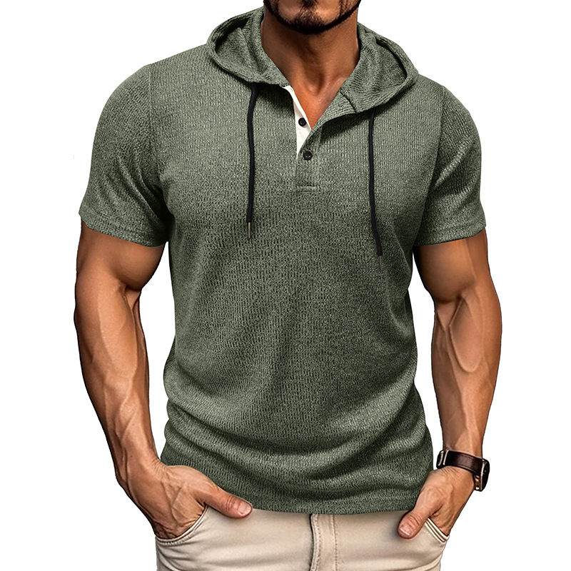 Men's soft short sleeve hoodie in heather gray, lightweight & breathable, perfect for summer casual wear or athletic activities.