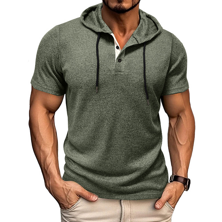 Men's soft short sleeve hoodie in heather gray, lightweight & breathable, perfect for summer casual wear or athletic activities.