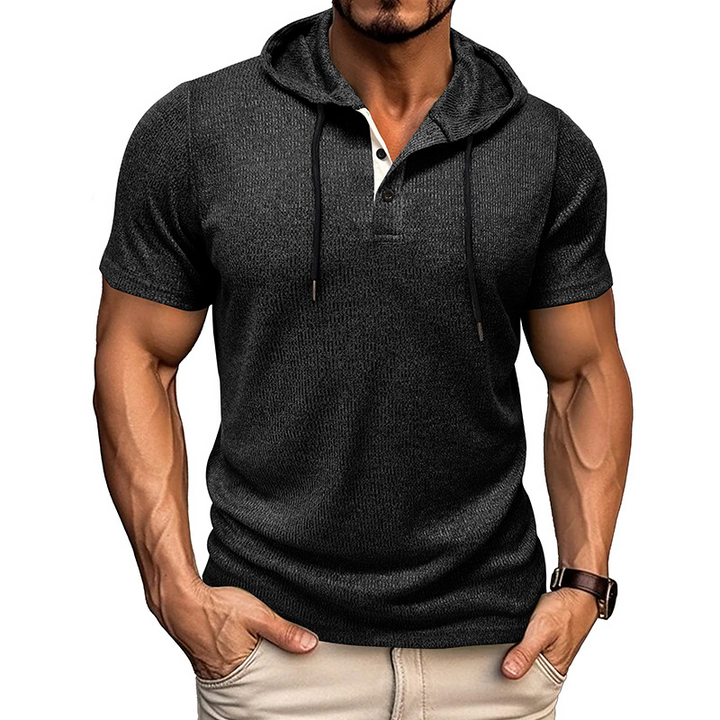 Lightweight men's short sleeve hooded t-shirt, soft & breathable, ideal as a pullover for comfort wear and layering.