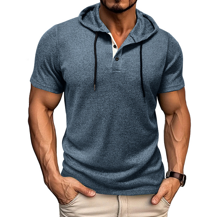 Breathable men's short sleeve pullover hoodie, moisture-wicking and lightweight, great for athletic top or summer wear.