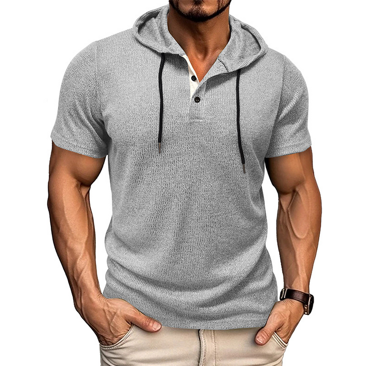 Casual men's short sleeve hoodie shirt in a modern fit, lightweight and soft, versatile for summer or active lifestyle.