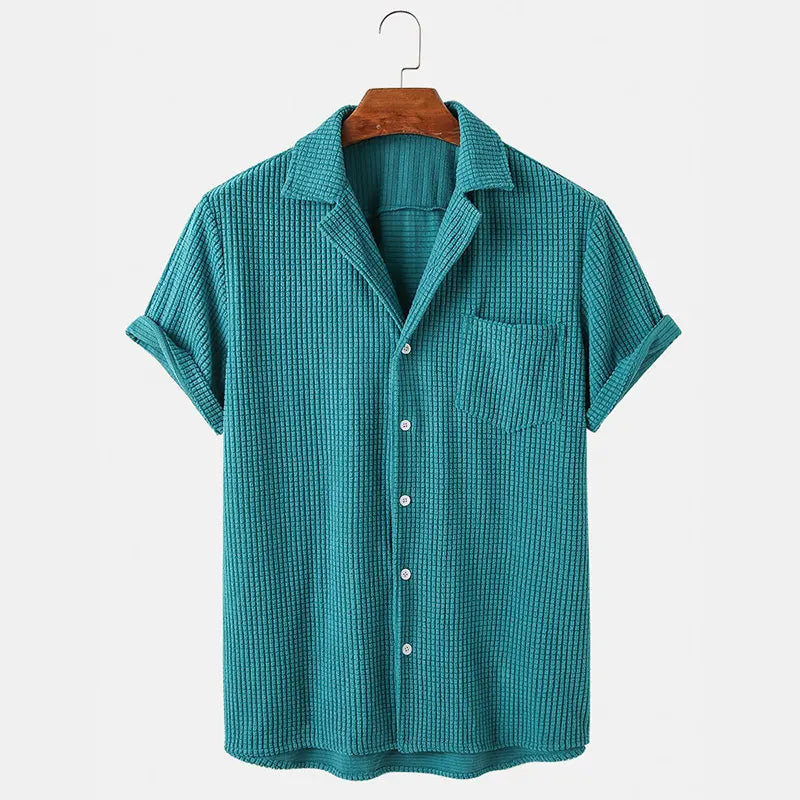 Men's soft teal corduroy button-up shirt, casual long sleeve for fall & winter style.