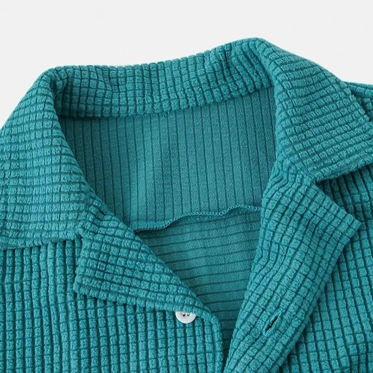 Teal men's soft corduroy button-up shirt, a comfortable long sleeve for cool weather.