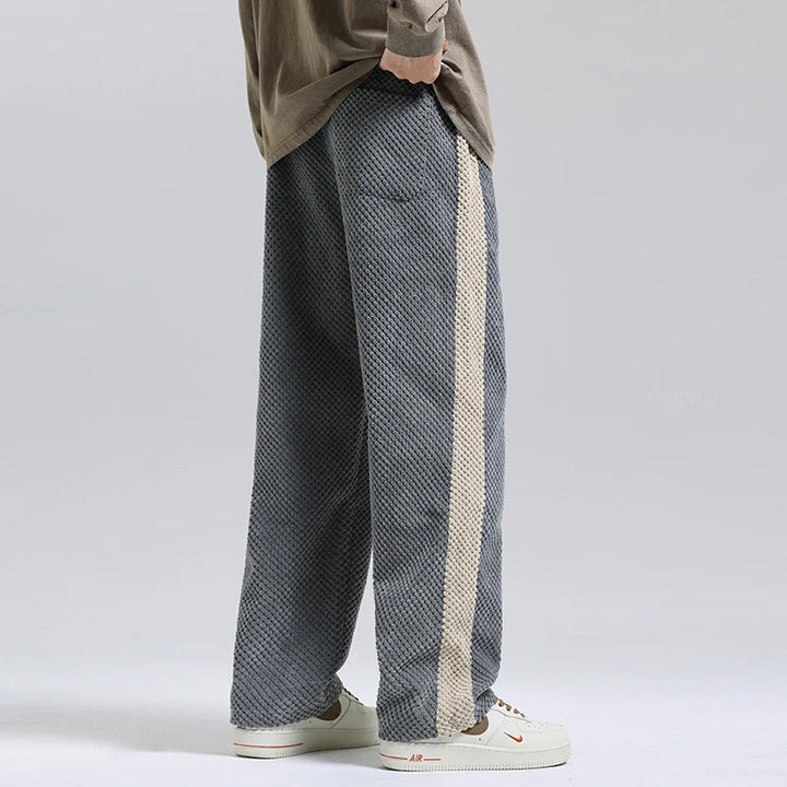 Versatile men's soft textured relaxed fit pants for autumn/winter fashion. Comfortable & stylish everyday casual trousers.