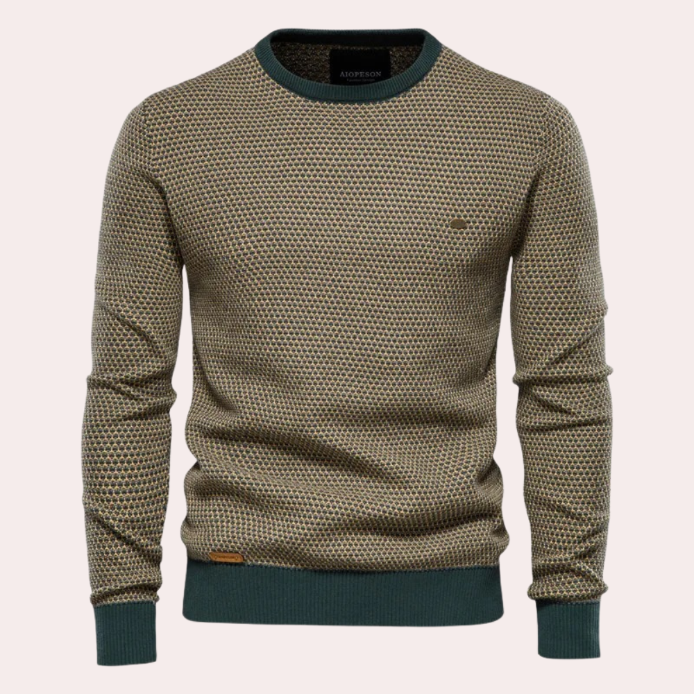 Close-up of a men's soft knit sweater, highlighting the warm, comfortable fabric.