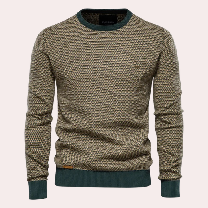 Close-up of a men's soft knit sweater, highlighting the warm, comfortable fabric.