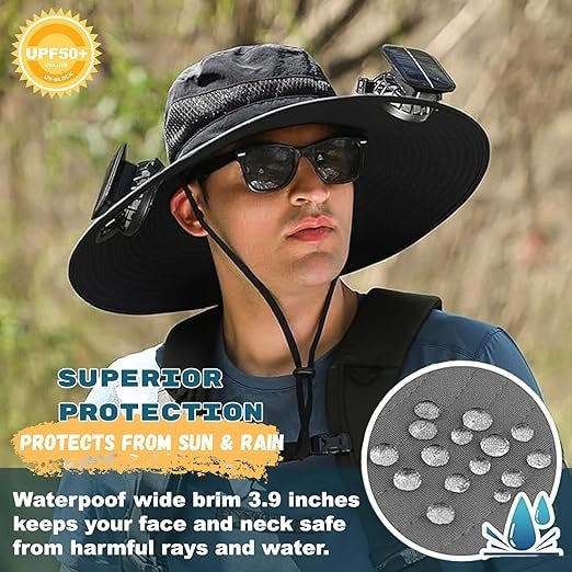 Men's cooling fishing hat featuring a solar fan, wide brim, and UPF UV protection for hot days on the water.