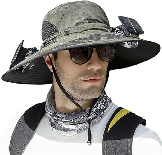Lightweight men's hiking hat with solar powered cooling fan, breathable fabric & UPF 50+ UV protection.