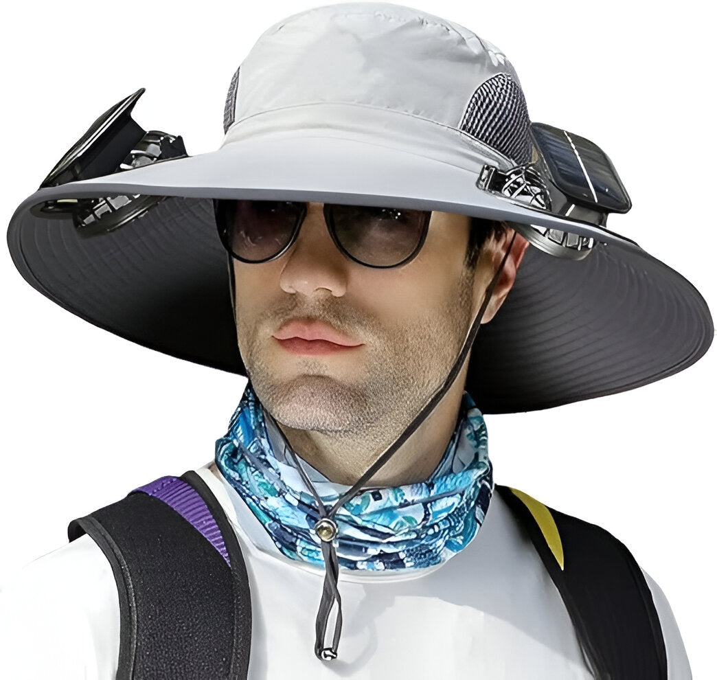 Innovative men's outdoor sun hat, solar powered fan for active cooling & excellent UV protection. Stay cool!