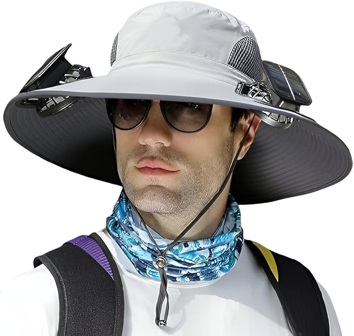 Innovative men's outdoor sun hat, solar powered fan for active cooling & excellent UV protection. Stay cool!