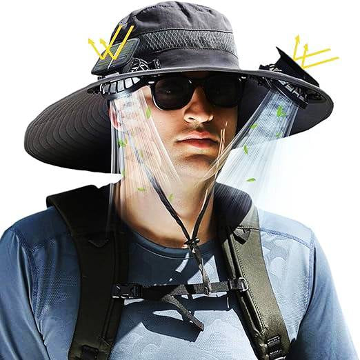 Adjustable men's wide brim hat with solar fan, providing superior cooling & UV protection for any adventure.