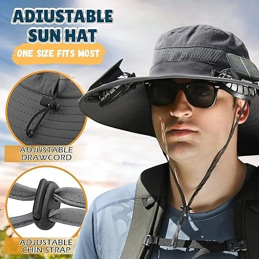 Waterproof & breathable men's outdoor hat with a solar powered cooling fan & strong UPF UV protection.