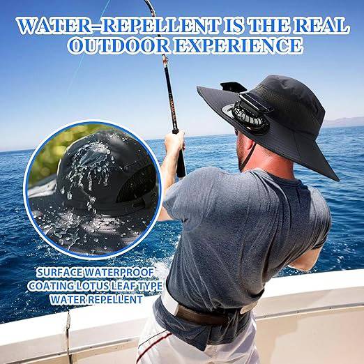 Men's sun hat with solar powered fan for cooling, wide brim for sun protection. Ideal for active outdoor men.