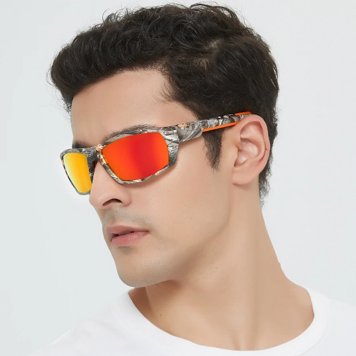 Close-up of Solaris polarized men's sunglasses, designed for activewear, adventure, and glare-free driving.