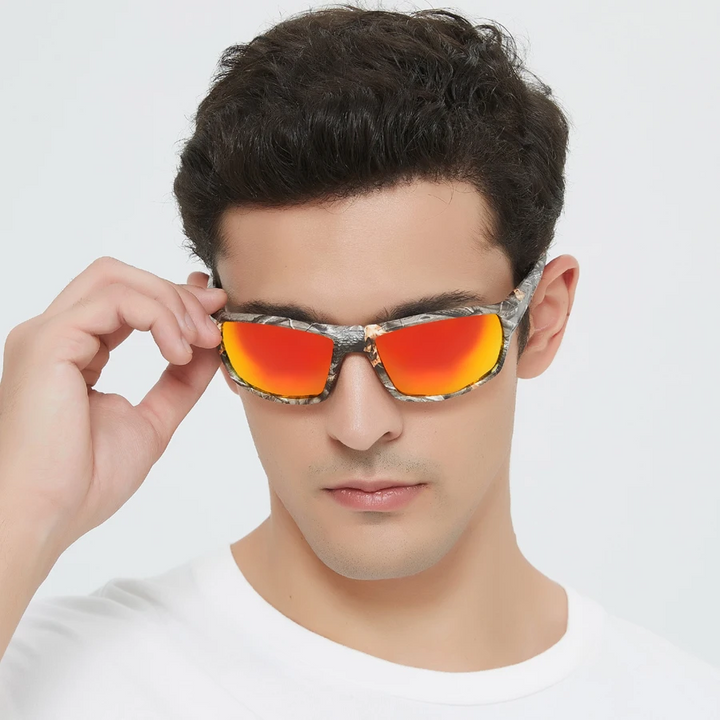 Man wearing Solaris polarized sunglasses for outdoor sports, showcasing active lifestyle and UV protection.