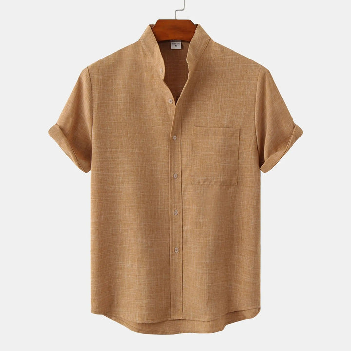 Comfortable men's Solaro summer shirt. Short sleeve, stand collar design, great for warm weather.