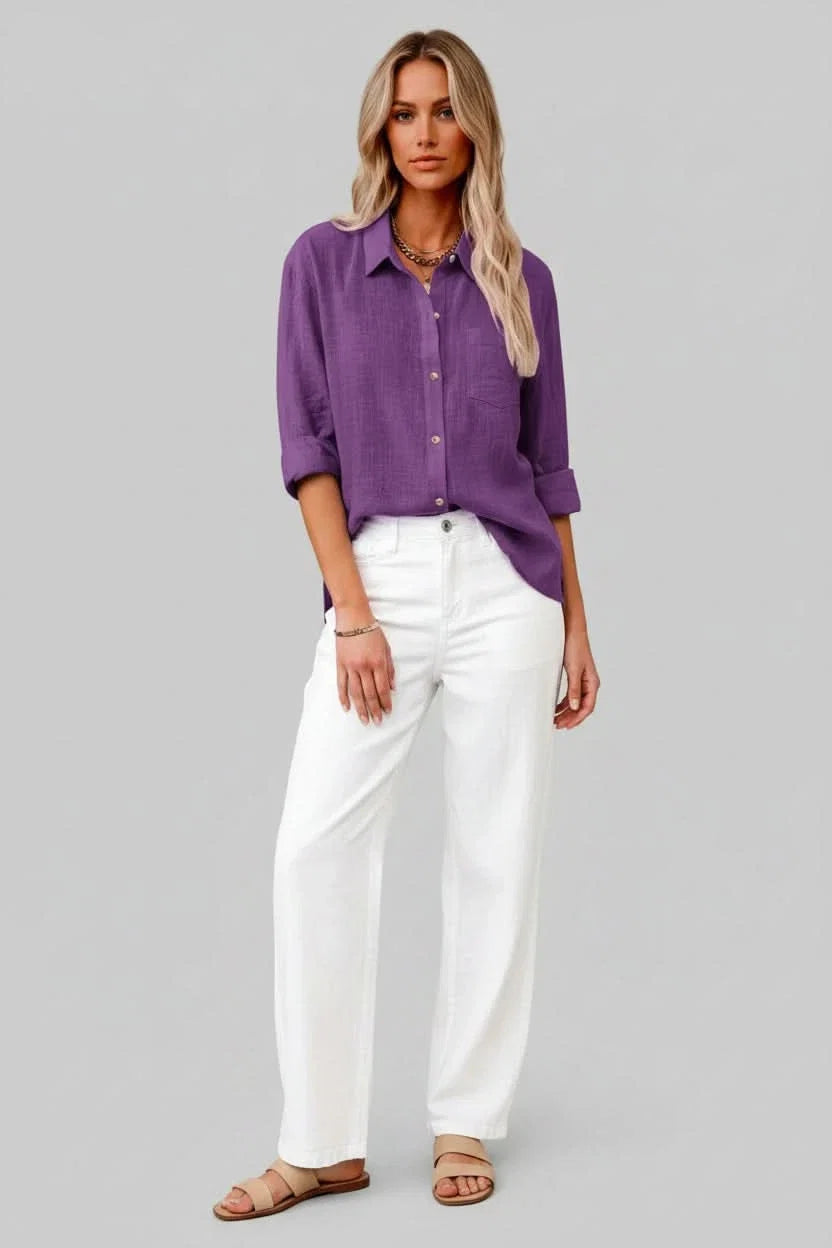 Men's solid color button-up shirt in lightweight, breathable fabric, perfect for casual spring & summer wear.