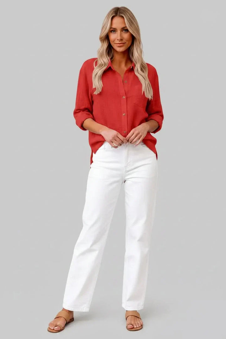 Men's classic solid button-up shirt in a vibrant color, lightweight and breathable for stylish summer fashion.