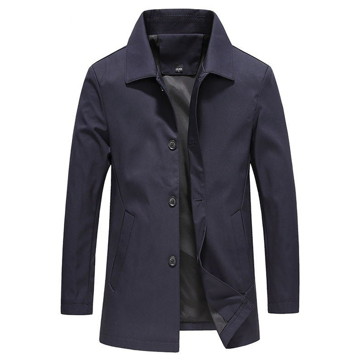 Men's solid color long windproof coat for autumn/winter. Stylish casual & formal outerwear, offering warmth & protection.