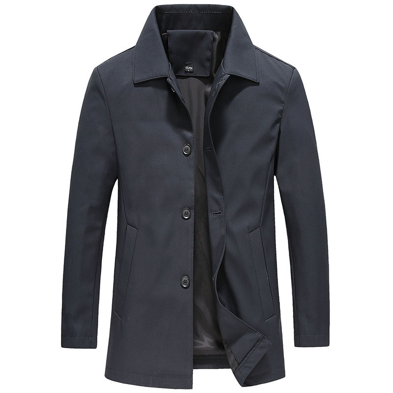 Elegant men's long windproof coat in solid color. Ideal winter style for outdoor protection & versatile layering.