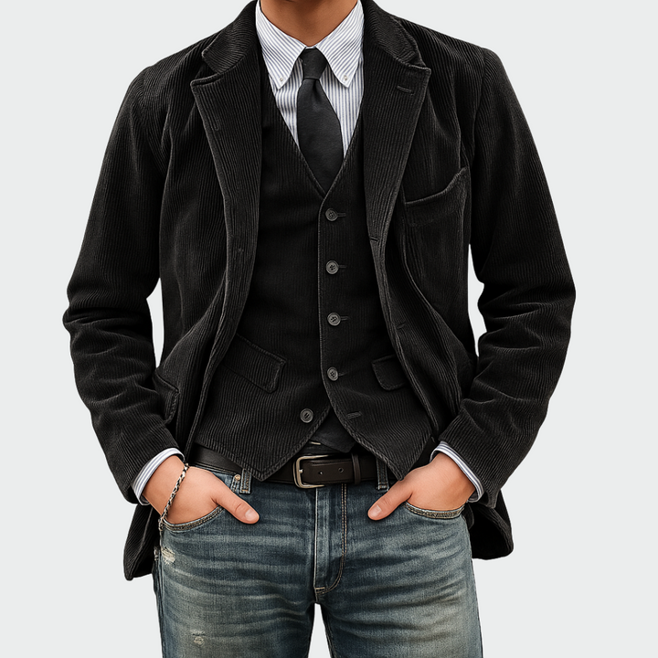 Elegant men's two-piece suit set with a stylish blazer and matching vest. Perfect for sophisticated party attire.