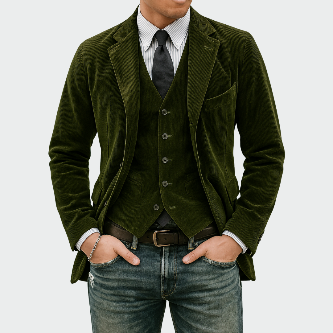 Stylish men's fashion: a sophisticated 2-piece blazer and vest suit, versatile for formal or business casual.