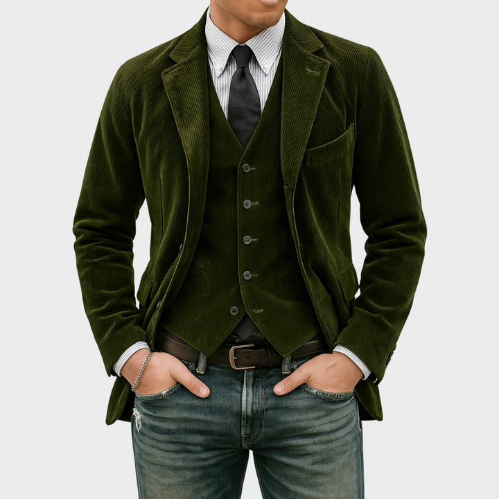 Stylish men's fashion: a sophisticated 2-piece blazer and vest suit, versatile for formal or business casual.