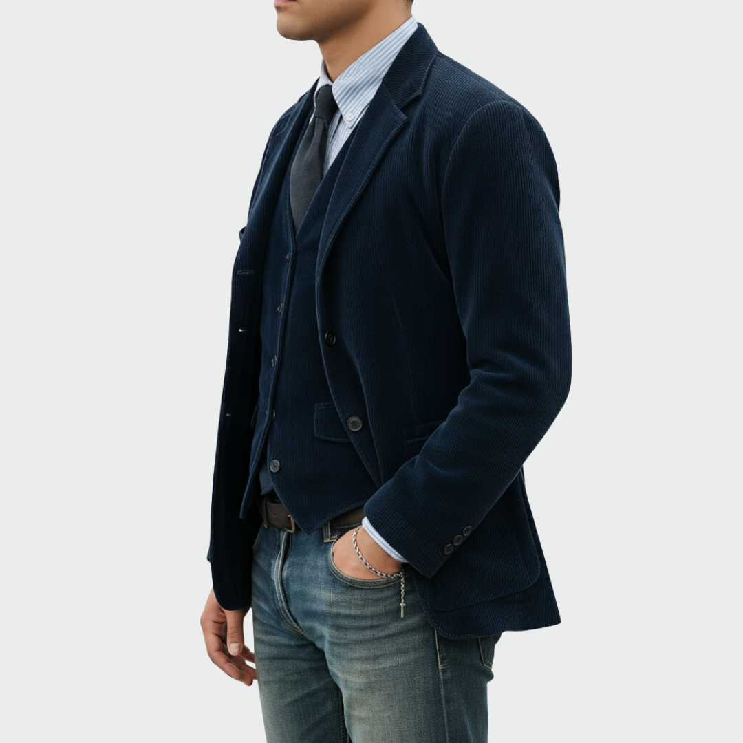 Modern men's elegant blazer and vest 2-piece suit set, perfect for formal wear and sophisticated events.