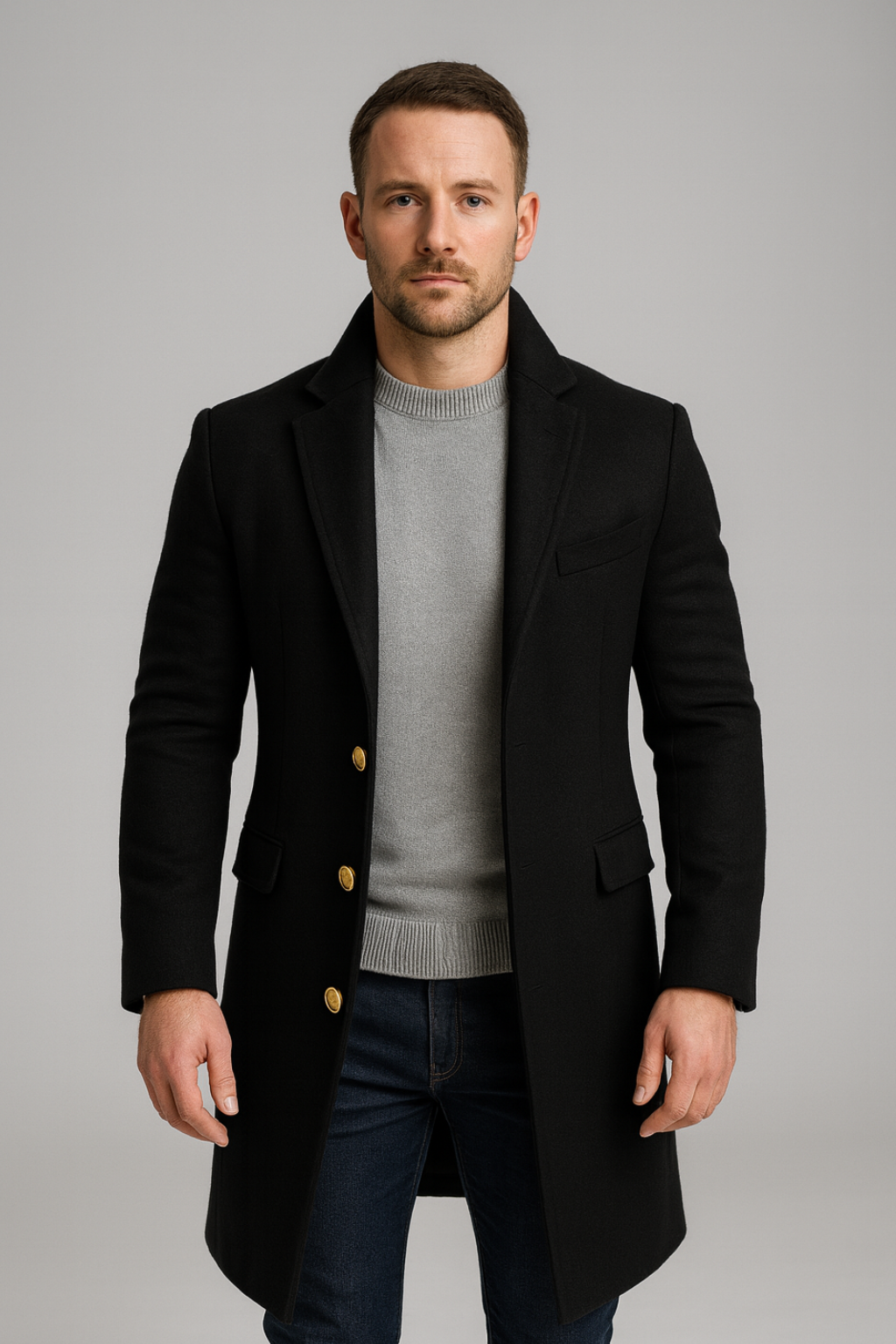Men's sophisticated black single-breasted long coat with elegant gold buttons, perfect for formal & smart casual wear.