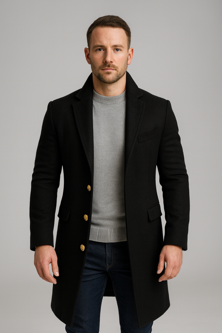 Men's sophisticated black single-breasted long coat with elegant gold buttons, perfect for formal & smart casual wear.