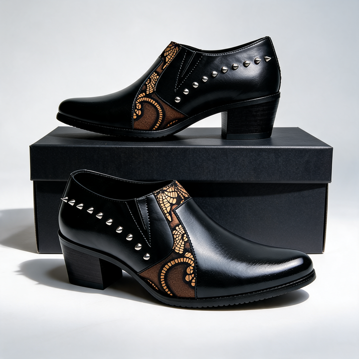 Sophisticated black men's pointed-toe slip-on loafers, offering a height-enhancing design & elegant formal style.